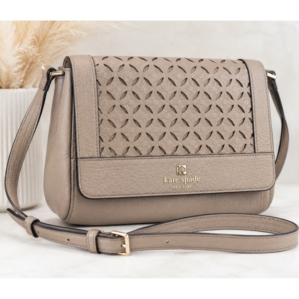 Kate Spade Perri Lane Greer Warm Putty Leather Laser Cut Crossbody Bag Taupe